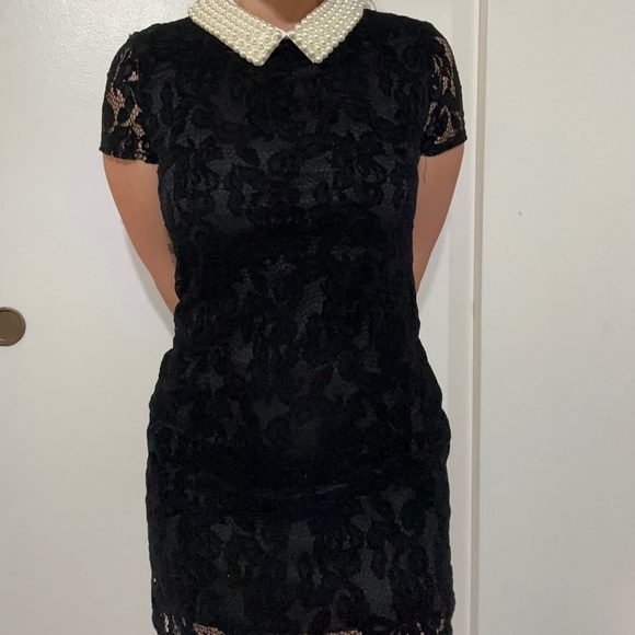 Betsey Johnson Flocked Lace Pearl Collar Dress Wednesday Adams - Picture 2 of 8